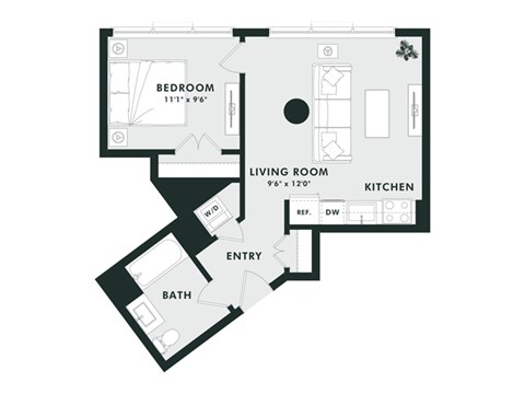 A black and white image of a floor plan for a small apartment.